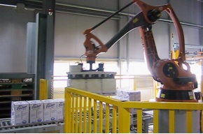 Robot palletizer: plastic case, carton pack and film wrap